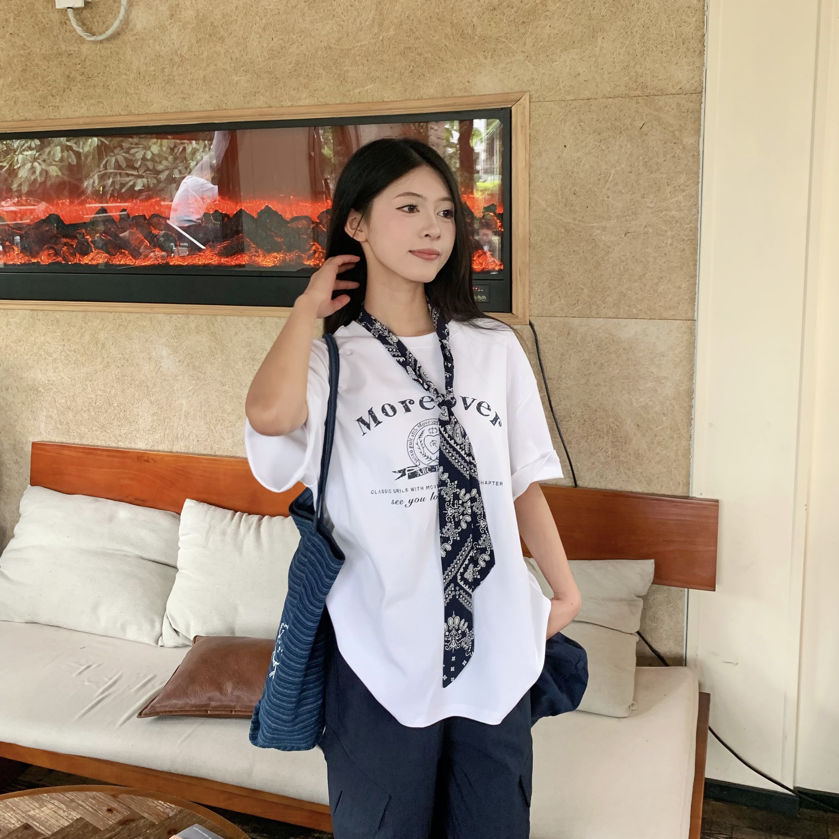 Korean Style Loose Fit Short Sleeve T-Shirt for Women with Scarf - Printed 2025 Summer Top - Casual American Fashion