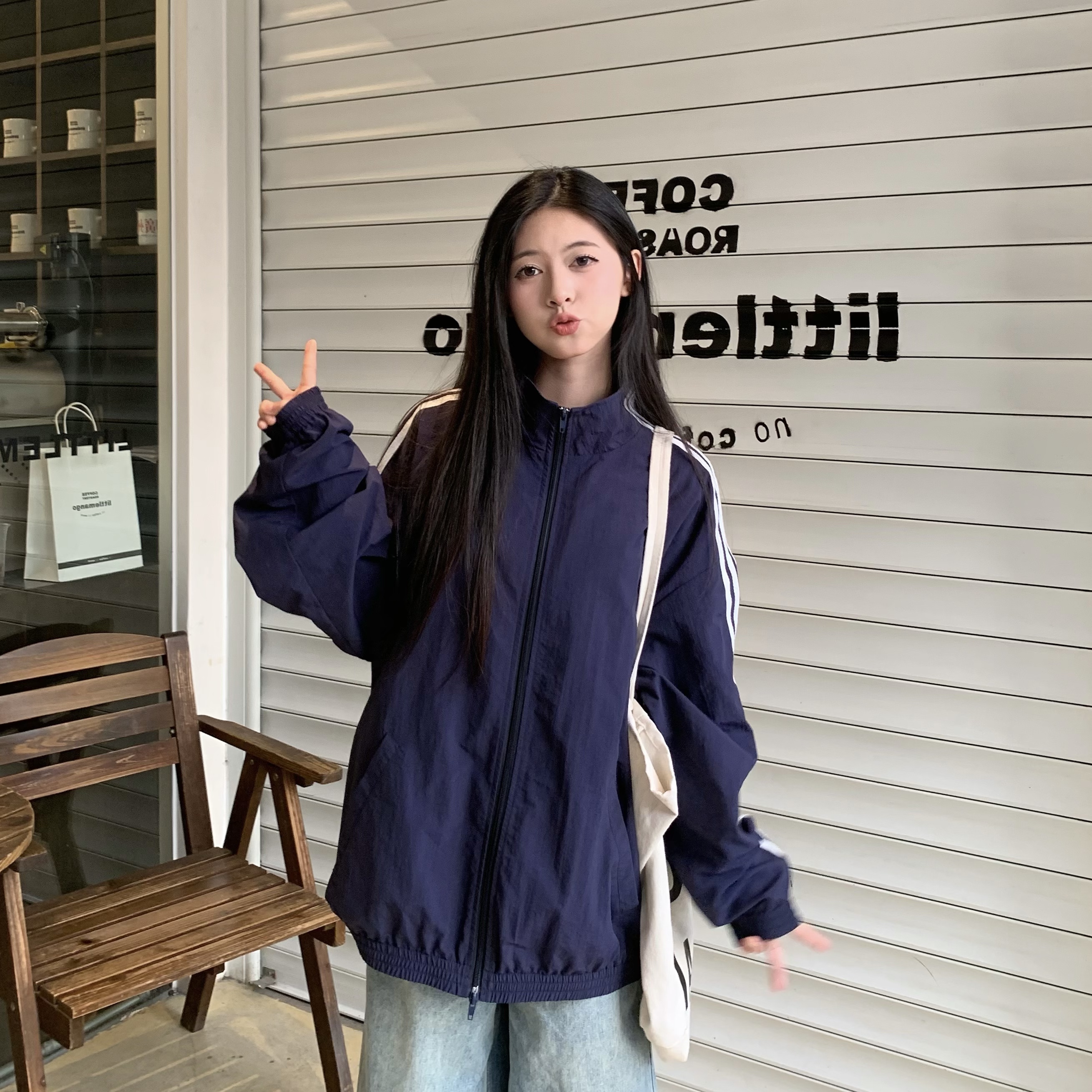 Korean Style Three Stripes Zipper Cardigan Jacket for Women - Loose Sports Casual Summer Coat with Stand Collar and Sun Protection