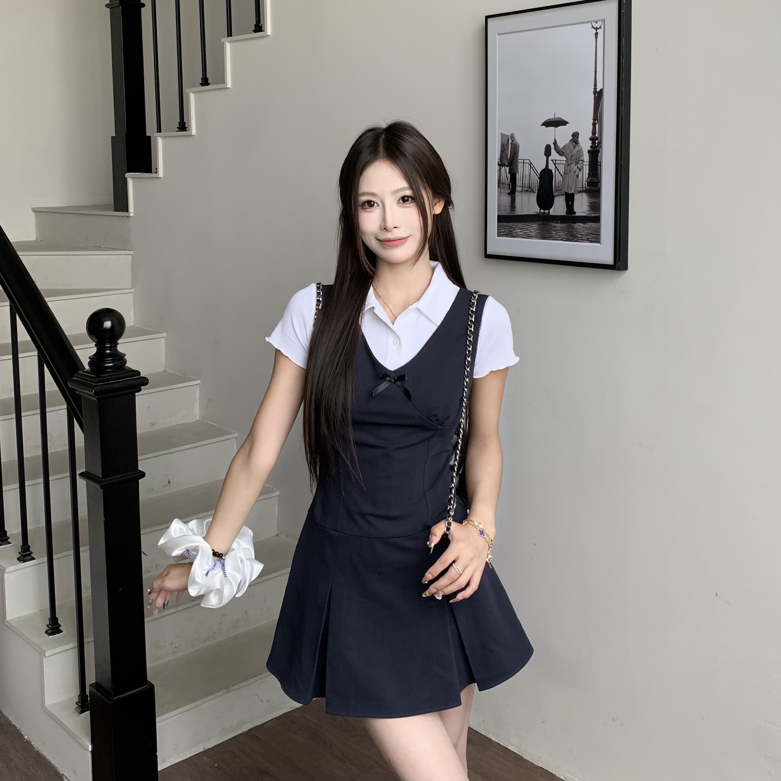 Korean Style Women's V-Neck Sling Dress Set - Summer College Wind Vest & Skirt Outfit