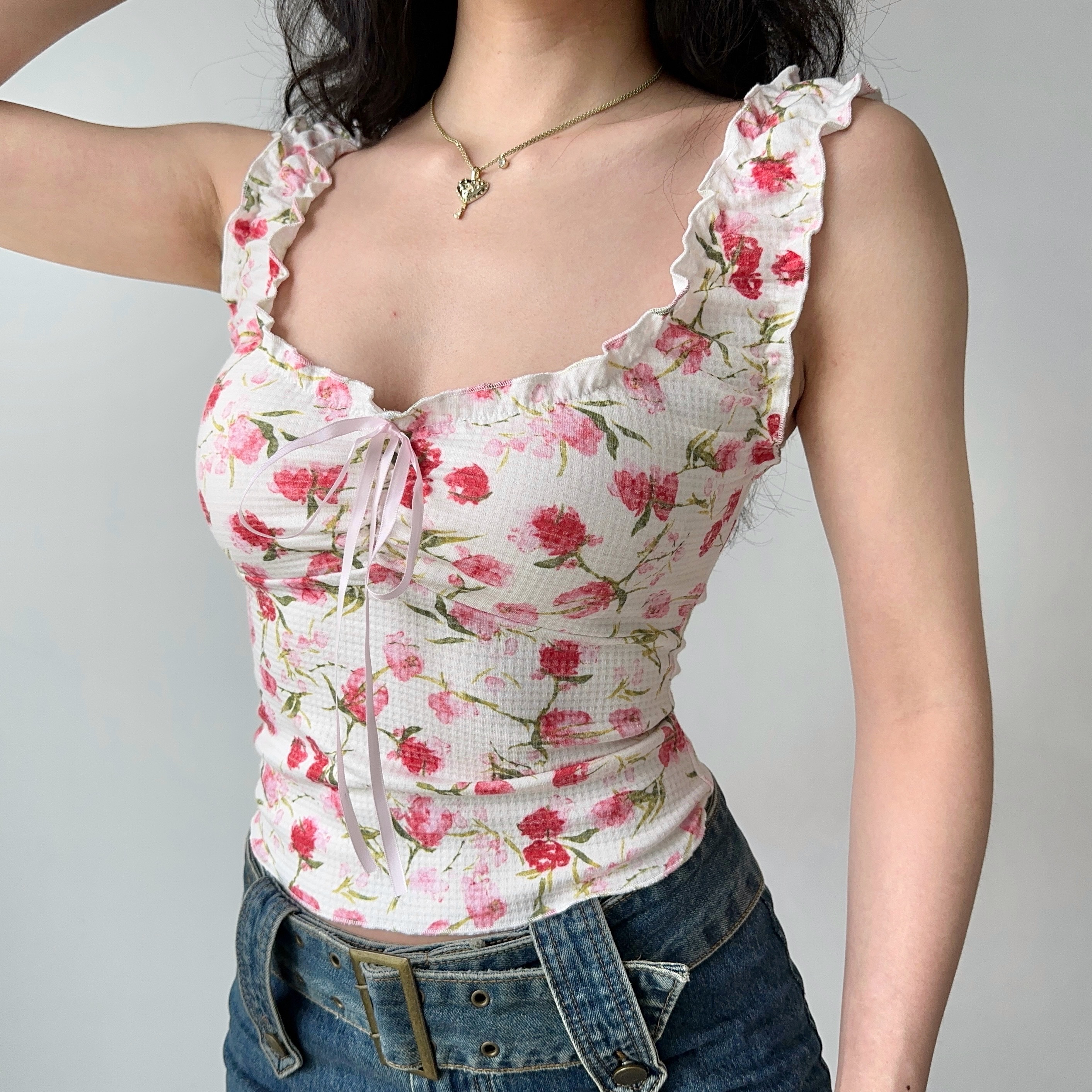 Lace Edge Printed Sleeveless Slim Top for Women - European American Style Summer Fashion