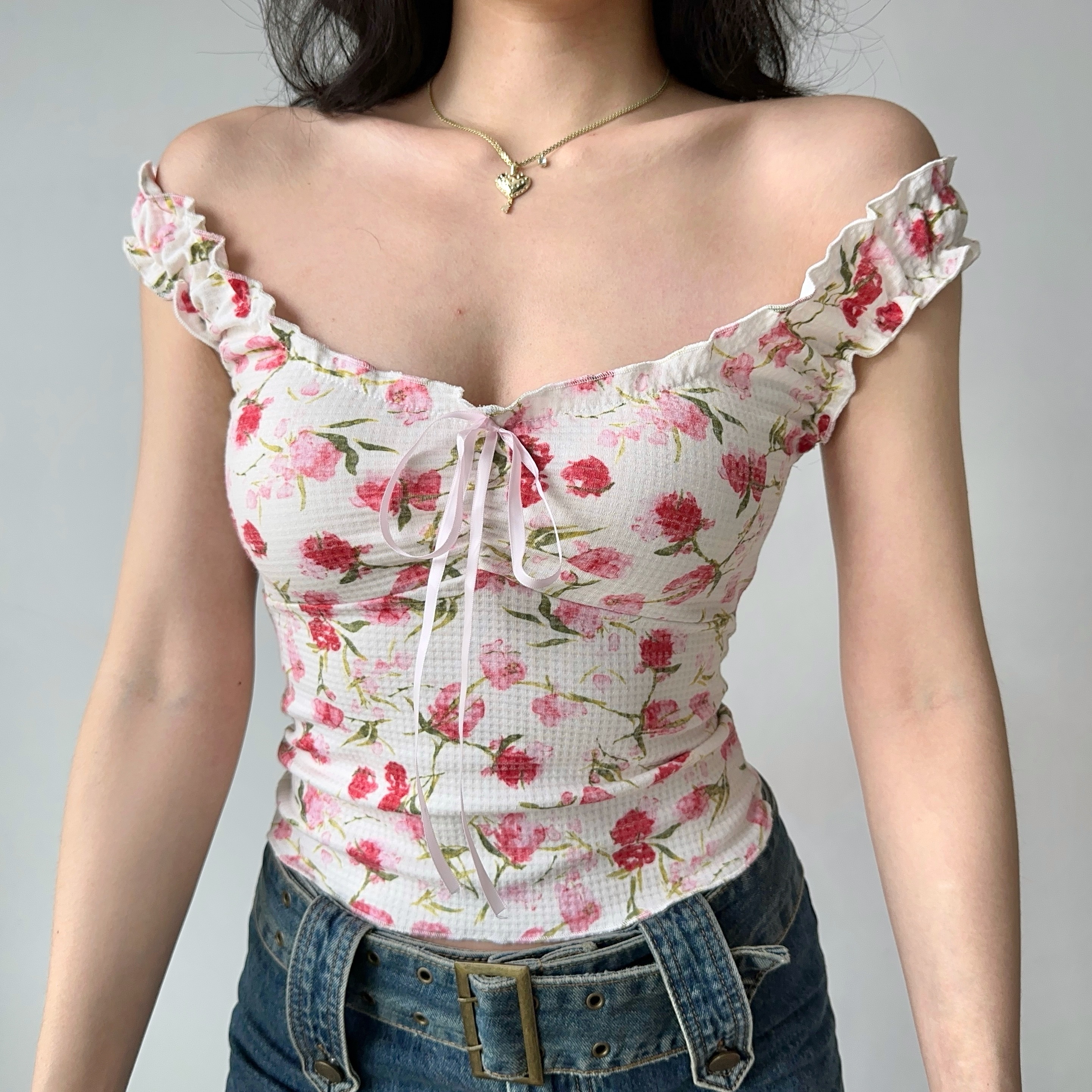 Lace Edge Printed Sleeveless Slim Top for Women - European American Style Summer Fashion