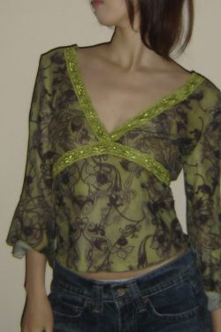 Lace Long Sleeve Chiffon Top - Low Cut V-Neck Sheer Blouse for Women - Sexy Y2K Hot Girl Style, 2025 Trend