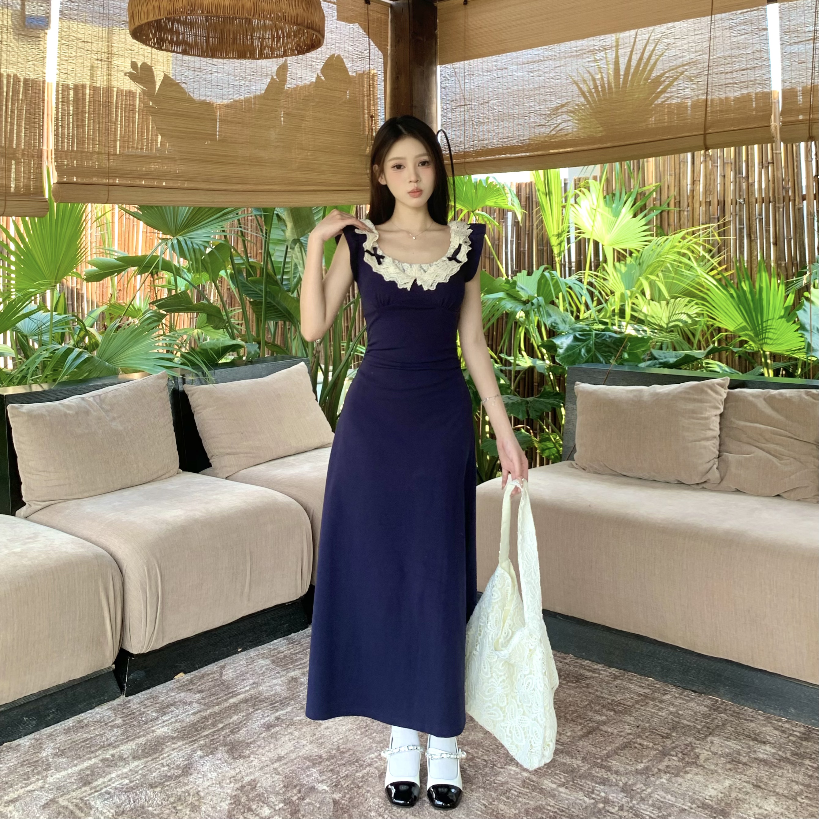 Lace Splicing Design Strap Dress - Women's Summer Sexy Slim Fit Dress with 90s Inspired Style