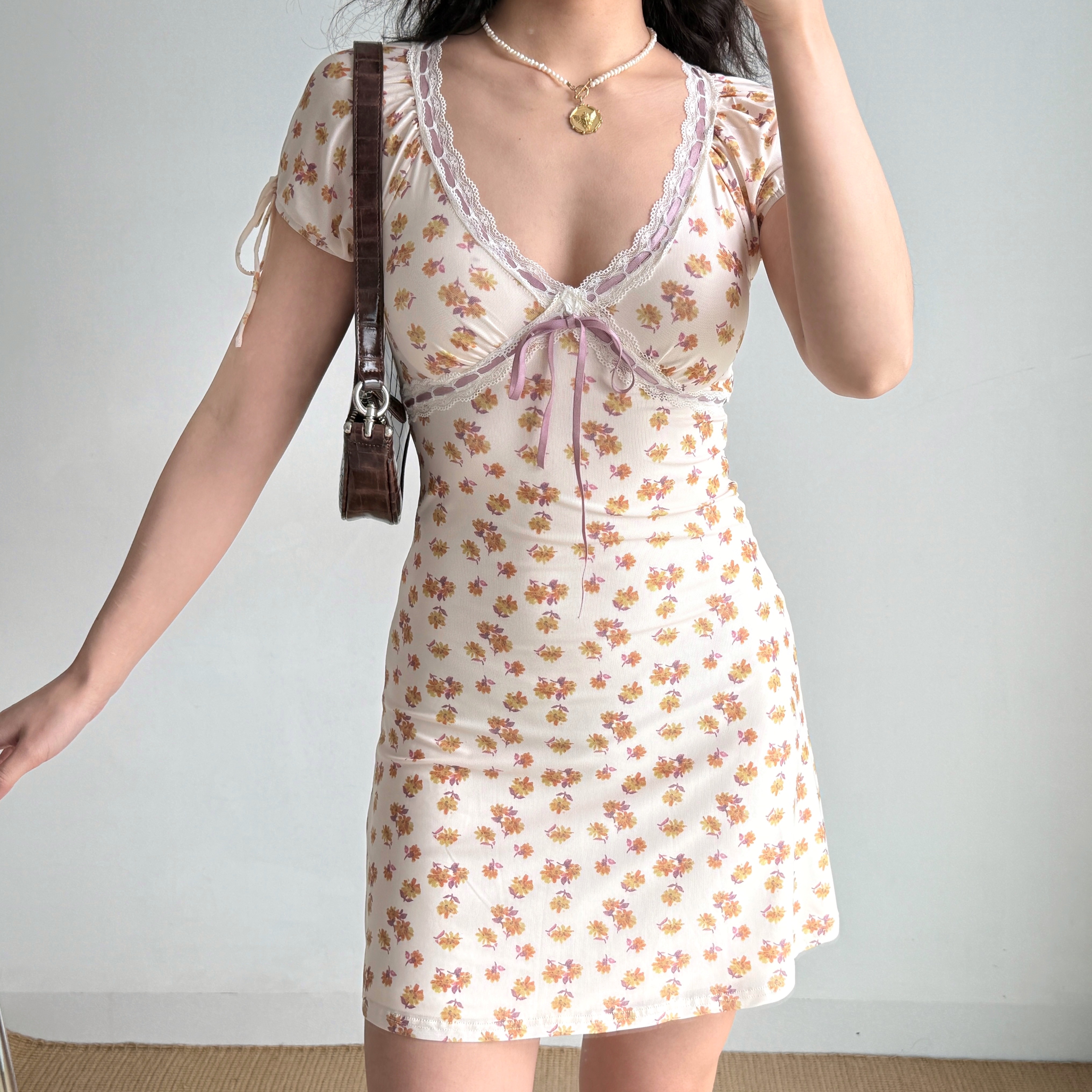 Lace Splicing Tie-Dye Short Sleeve Dress for Women - Summer V-Neck Mini Dress in European American Style, Trendy Y2K Fashion