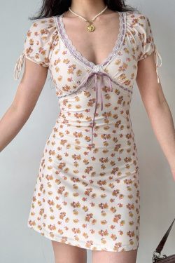 Lace Splicing Tie-Dye Short Sleeve Dress for Women - Summer V-Neck Mini Dress in European American Style, Trendy Y2K Fashion