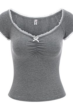 Lace Trim Solid Color U-neck Short Sleeve T-shirt for Women - Slim Fit Casual Top in European American Style, Perfect for Y2K Fashion
