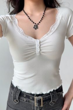 Lace Trim V-Neck Short Sleeve T-Shirt for Women - Slim Fit Summer Top in European American Style - Trendy 90s Y2K Fashion