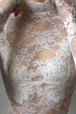 Lace-Trimmed Sheer Round-Neck T-Shirt - Ballet-Style Slim Fit Top for a Sexy French Look, Perfect for Y2K and Chic Fashion Lovers