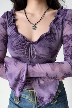 Lace-Trimmed Tie-Dye Velvet T-Shirt for Women - Slim-Fit Bell Sleeve Top in Purple, European and American Style, Y2K Fashion