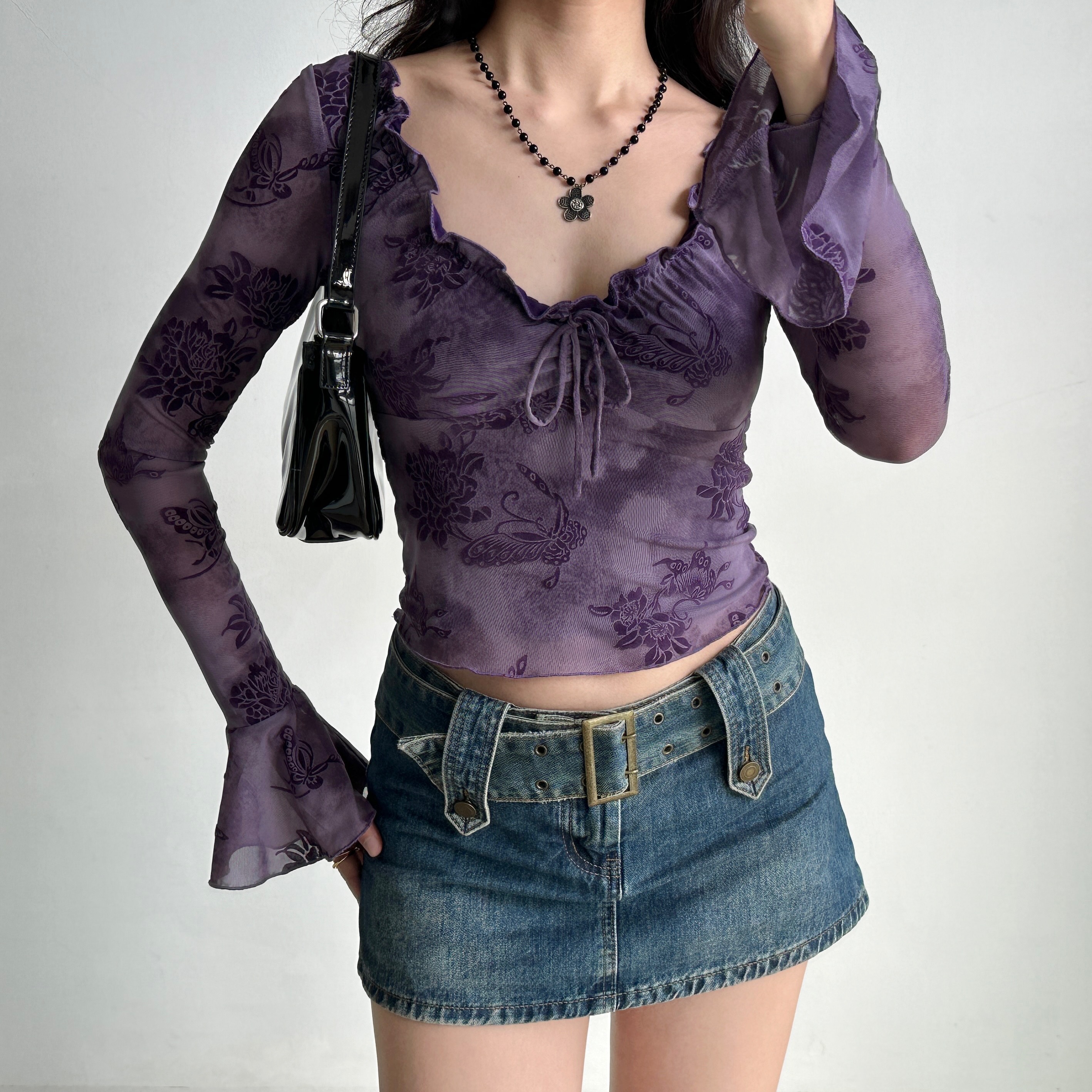 Lace-Trimmed Tie-Dye Velvet T-Shirt for Women - Slim-Fit Bell Sleeve Top in Purple, European and American Style, Y2K Fashion