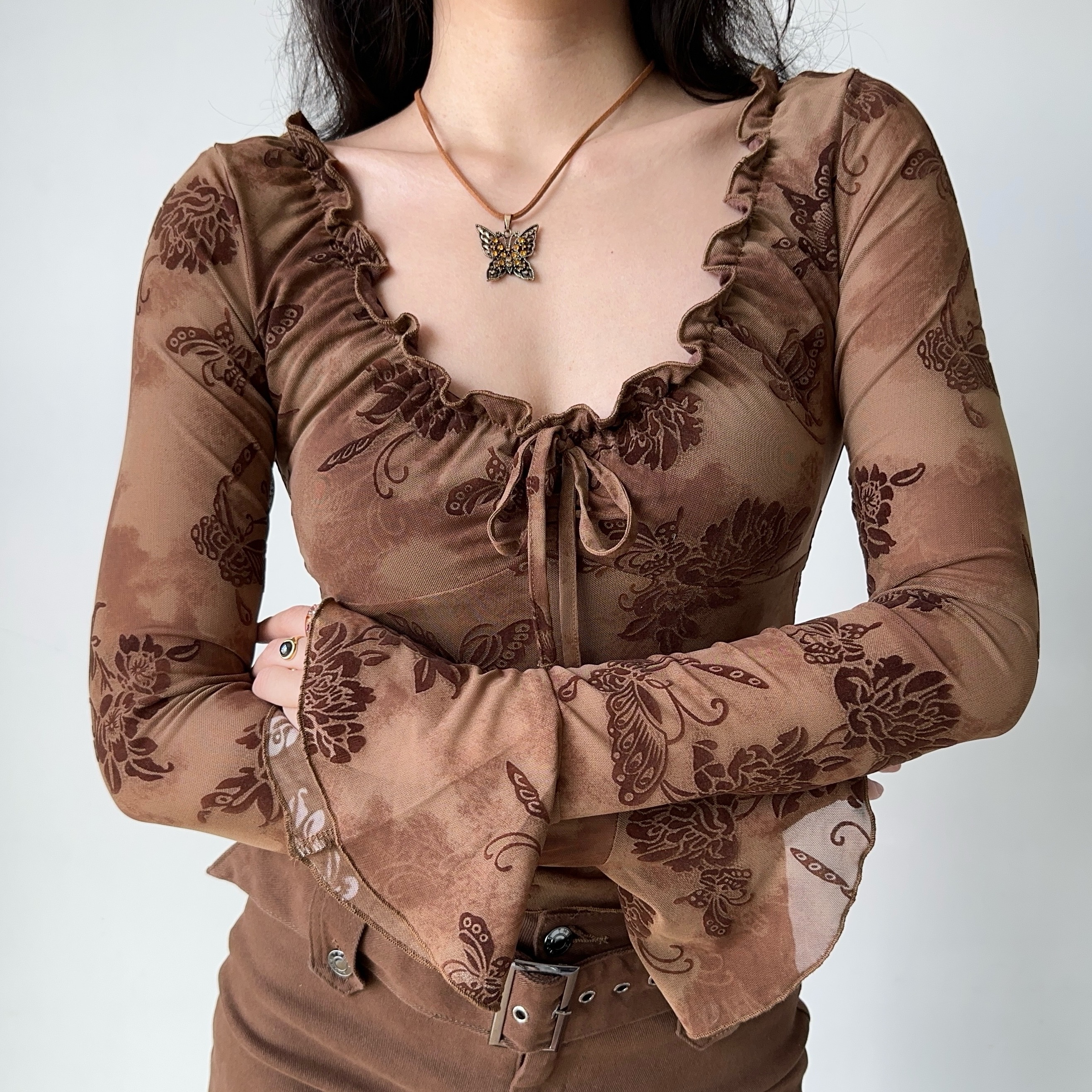 Lace-Trimmed Tie-Dye Velvet T-Shirt for Women - Slim-Fit Bell Sleeve Top in Purple, European and American Style, Y2K Fashion