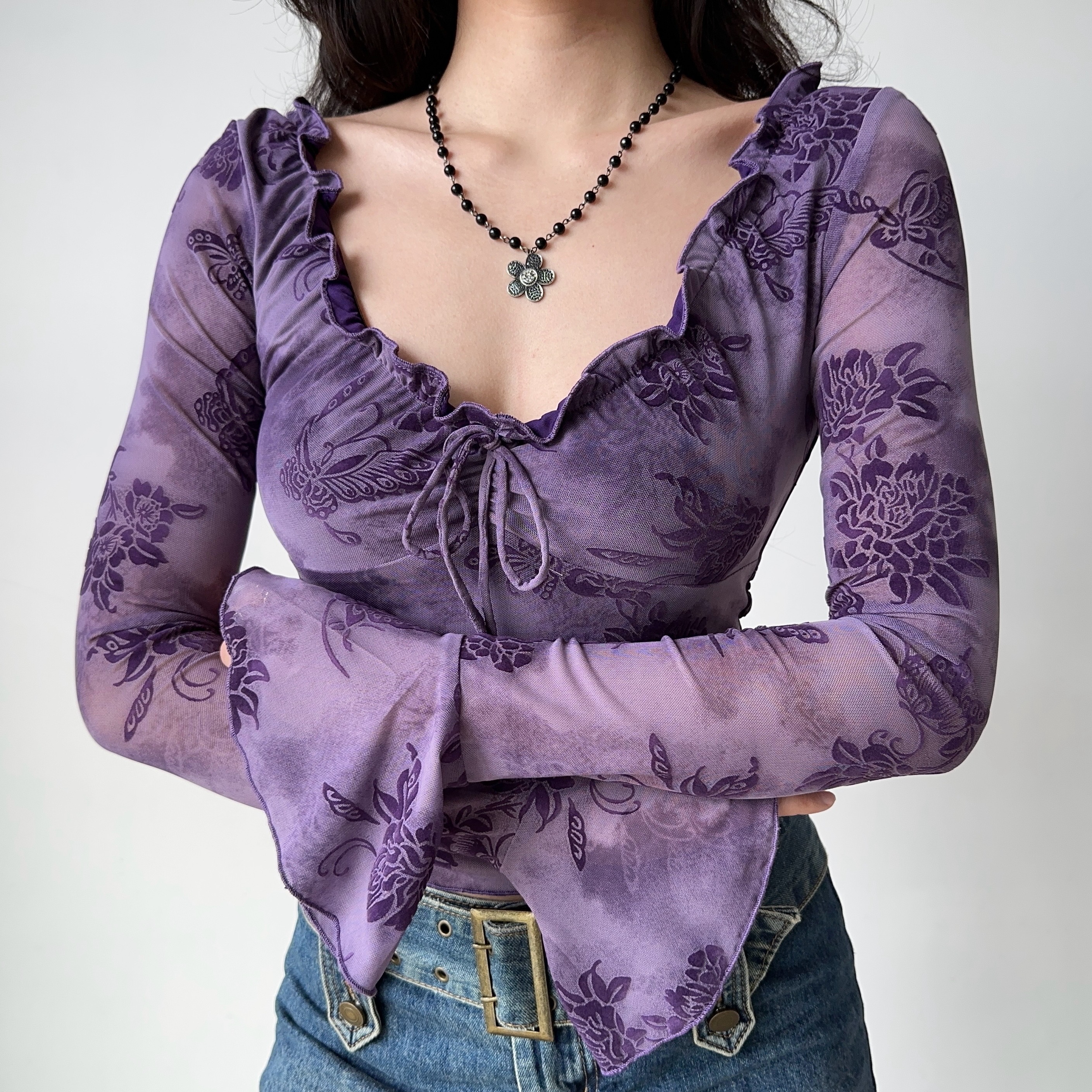 Lace-Trimmed Tie-Up Velvet T-Shirt for Women, Fitted Purple Top with Bell Sleeves, European American Style, Y2K Fashion