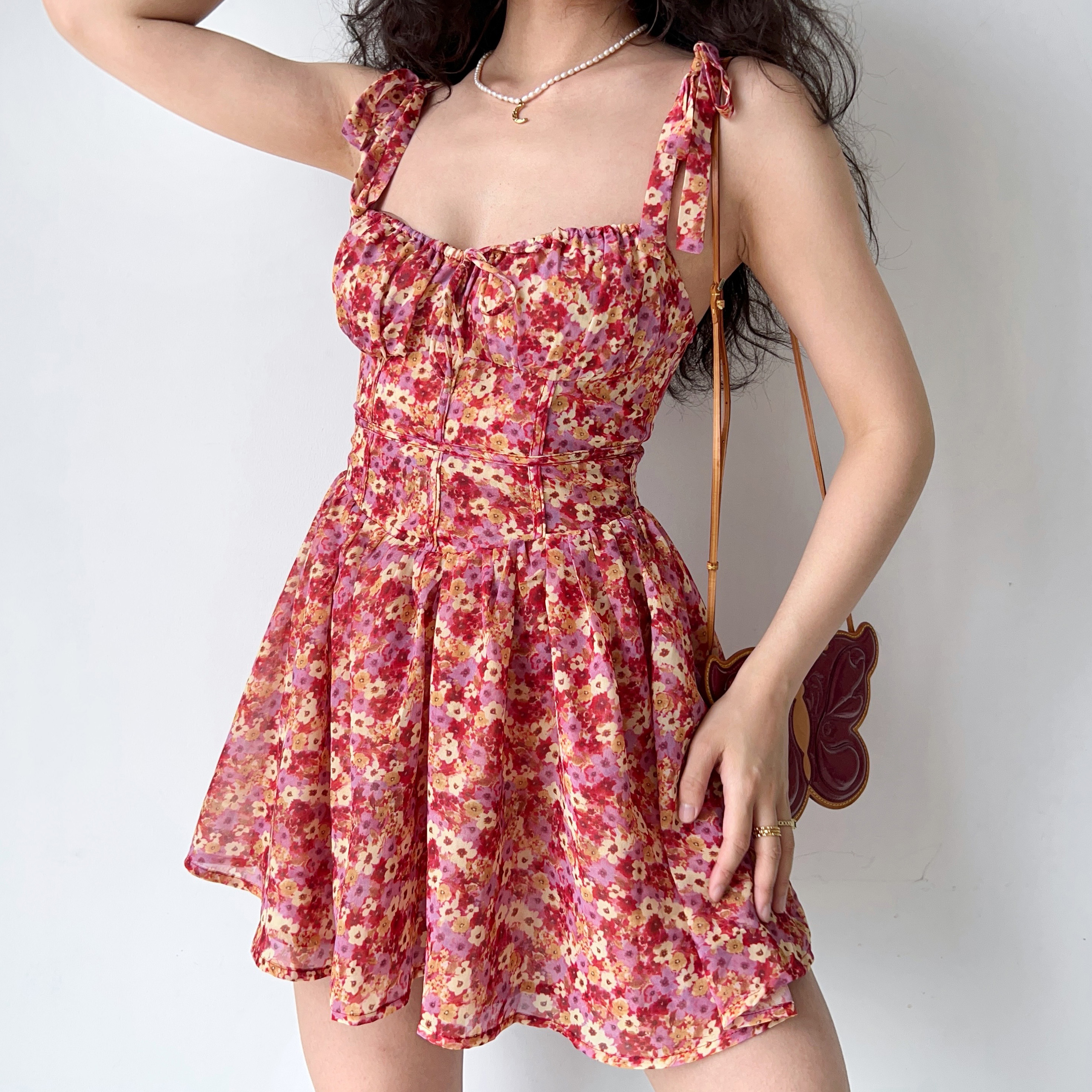 Lace-Up Floral Slip Dress for Women - Retro Country Style with Waist-Cinching A-Line Short Skirt - 90s Inspired Fashion
