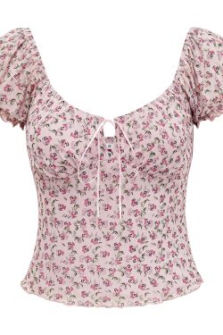 Lace-Up Hollow Floral Puff Sleeve T-Shirt for Women - Slim Fit European American Style Top, Perfect for Casual Outings and 90s Fashion