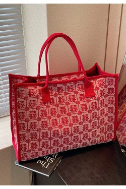 Large Capacity Canvas Bride Tote Bag for Weddings - Joy Character Design, Red Shoulder Bag, 2025 New Style
