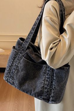 Large Capacity Denim Tote Bag for Women - Korean & Japanese Style Casual Commuting Shoulder Bag, Versatile for Classes & Everyday Use