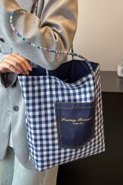 Large Capacity Spring Plaid Canvas Tote Bag for Women - Double-Sided Commuting Shoulder Bag, Ideal Student Classroom Accessory