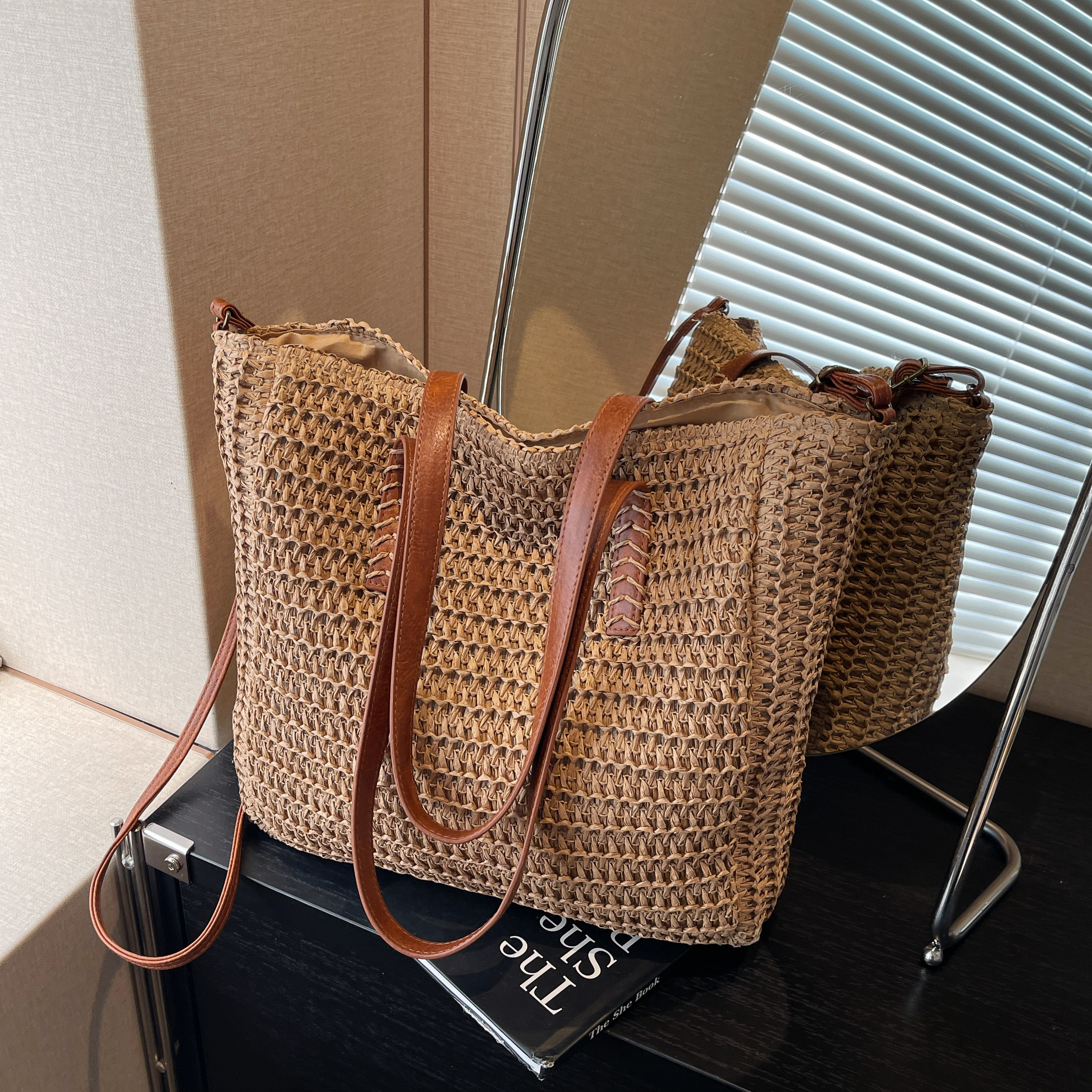 Large Capacity Straw Woven Tote Bag for Women - 2025 Commuter Shoulder Crossbody Bag for Beach and Vacation