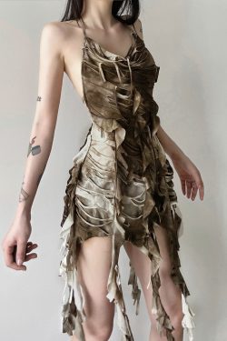 Layered Backless Halter Neck Bodycon Skirt with Tassel Straps for Women - Edgy Desolate Zone Design