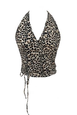 Leopard Print Halter Tie Back Vest Top for Women – Sexy V-Neck Backless Camisole, Perfect for Y2K and Summer Fashion