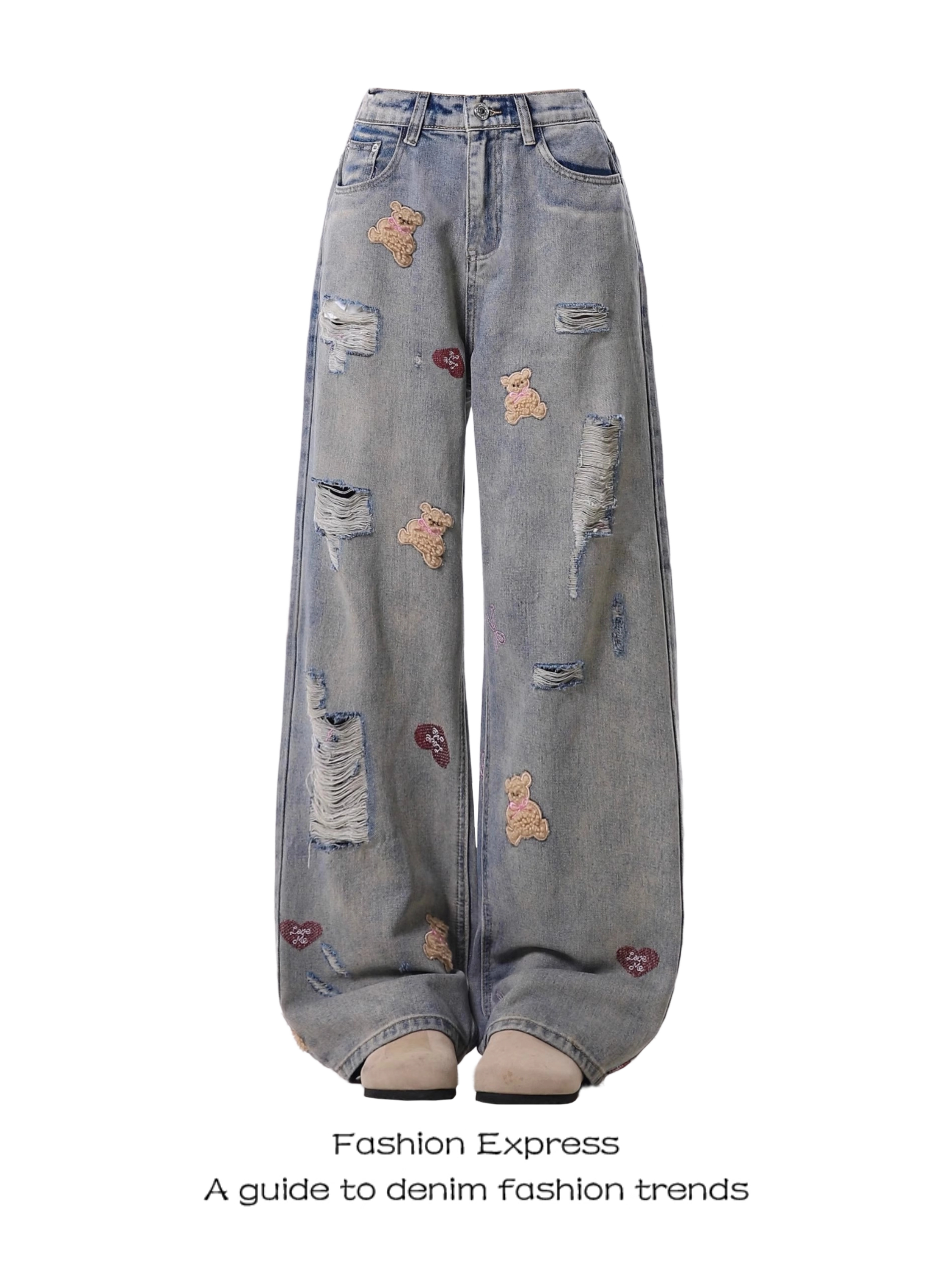 Light Blue Bear Embroidered Denim Pants for Women, American Retro Style, Ripped Fringe, Straight-Leg, Spring & Autumn Fashion