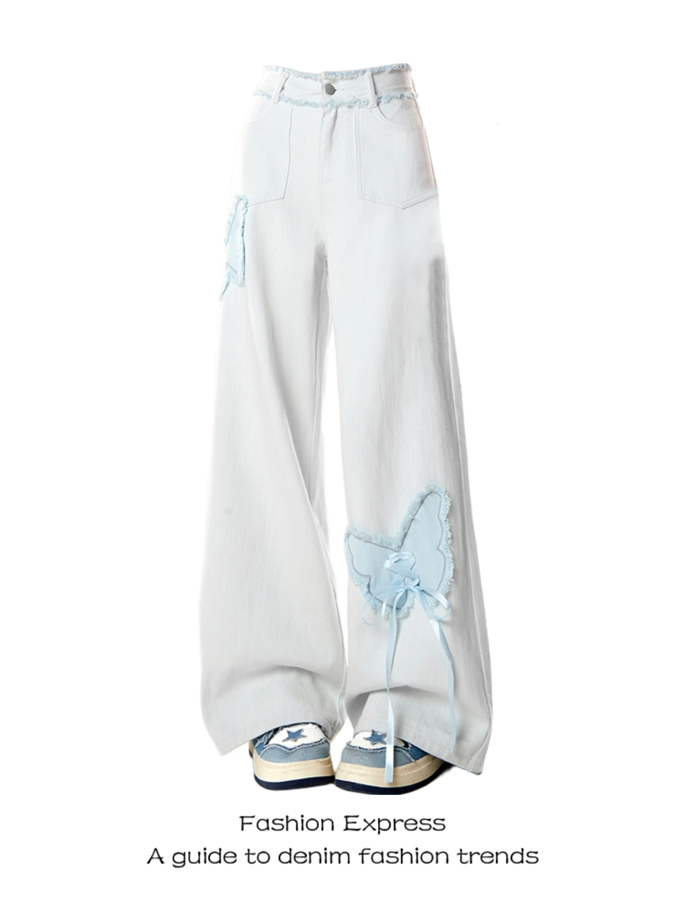 Light Blue Fringed Wide-Leg Denim Pants with Butterfly Embroidery for Women - Trendy Double Waist Design for Spring & Autumn
