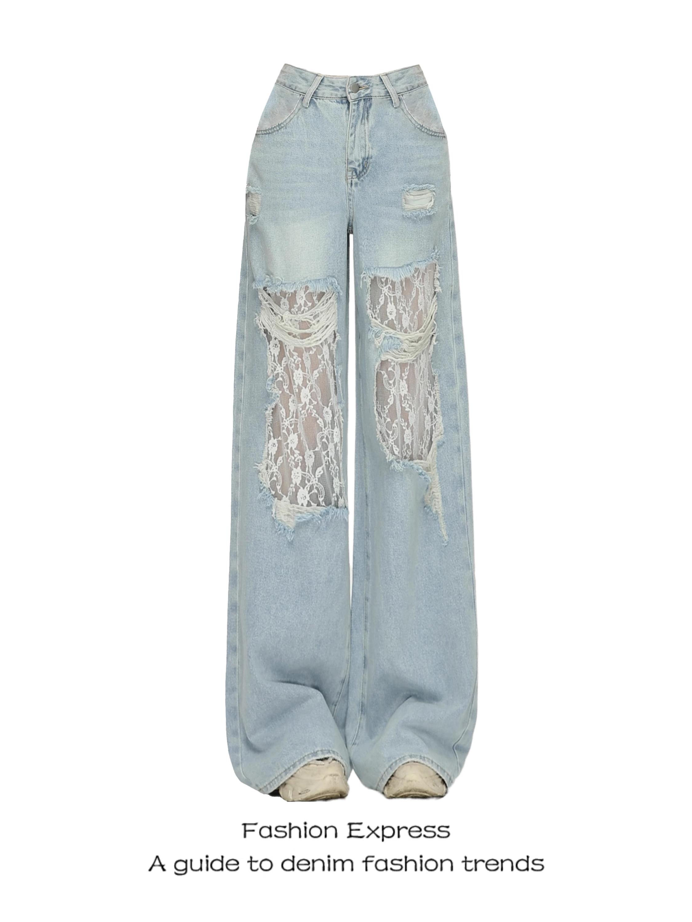 Light Blue High-Waisted Lace Ripped Jeans for Women - Trendy Wide-Leg Straight Patchwork Pants for Spring Summer 2025