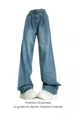 Light-Colored Retro Pleated Wide-Leg Jeans for Women - High-Waisted Loose Draped Floor-Length Pants for Autumn/Winter 2025