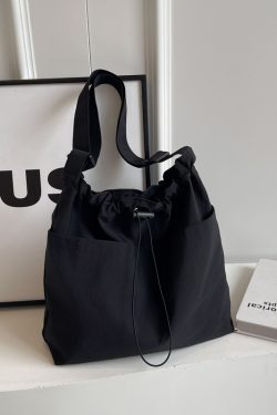 Lightweight Canvas Drawstring Bucket Bag for Women, Large Capacity, Artistic Japanese Style Crossbody Shoulder Bag