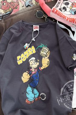Loose Cartoon Popeye Graphic T-Shirt in Pure Cotton - Casual Short Sleeve Top for Y2K Style Lovers