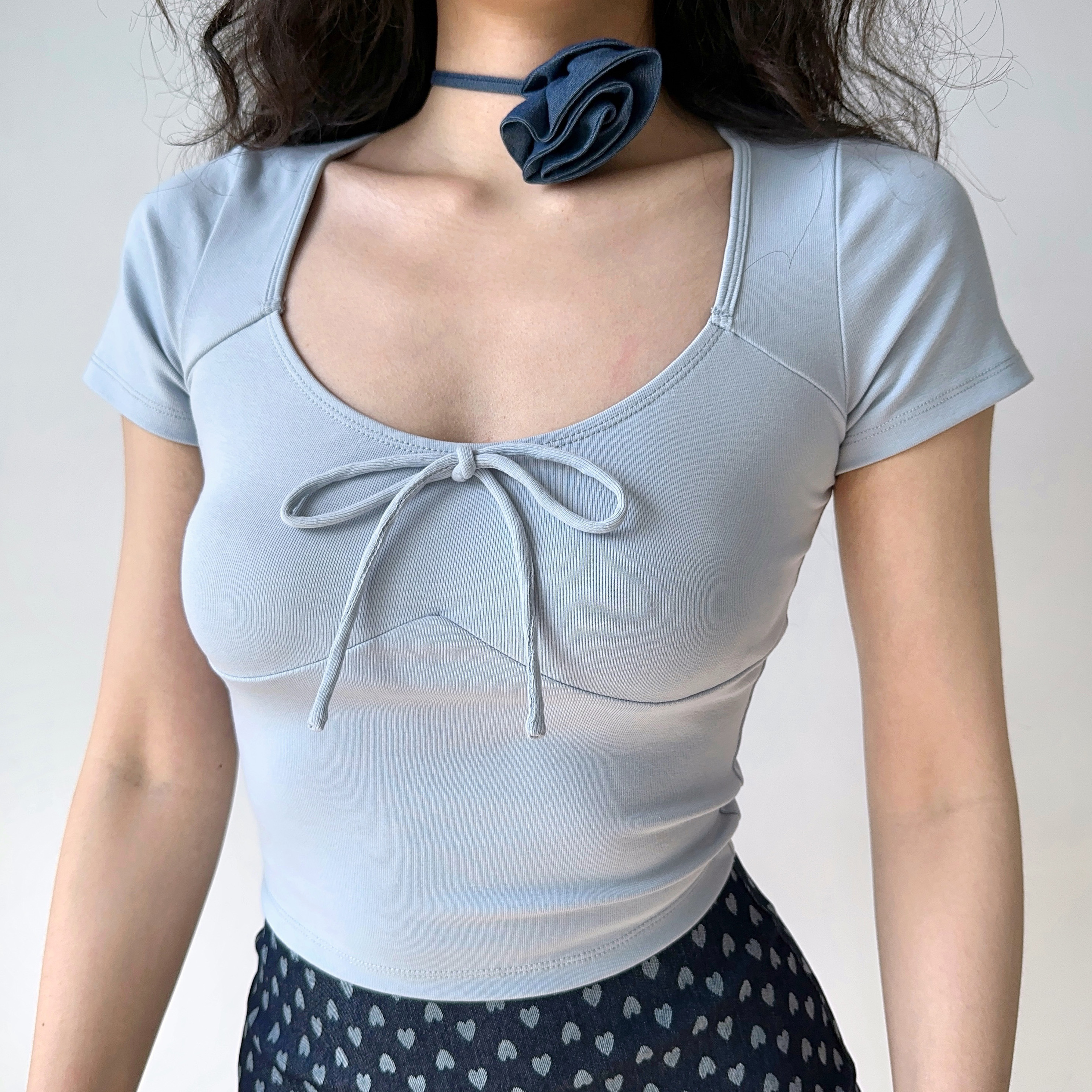 Low-Cut Round Neck Short Sleeve Fitted Ballet Style Cropped T-Shirt for Women - European American Summer Fashion