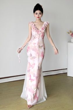 Low-Neck Fitted Butterfly Long Dress with Mesh Splicing for Women - Vacation Style Floral Dress, Y2K Inspired