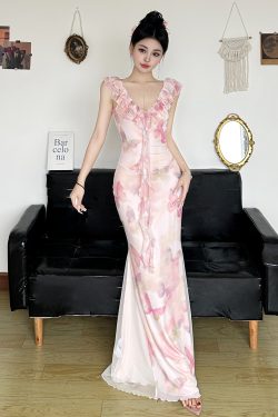 Low-Neck Fitted Butterfly Long Dress with Mesh Splicing for Women - Vacation Style Floral Dress, Y2K Inspired