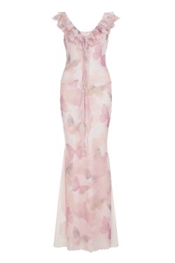 Low-Neck Fitted Butterfly Long Dress with Mesh Splicing for Women - Vacation Style Floral Dress, Y2K Inspired