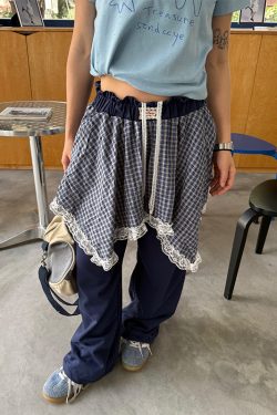 Men's and Women's Summer Plaid Sweatpants - Two-Piece Lace Splicing, Elastic Waist, Tapered Casual Pants, Y2K Style