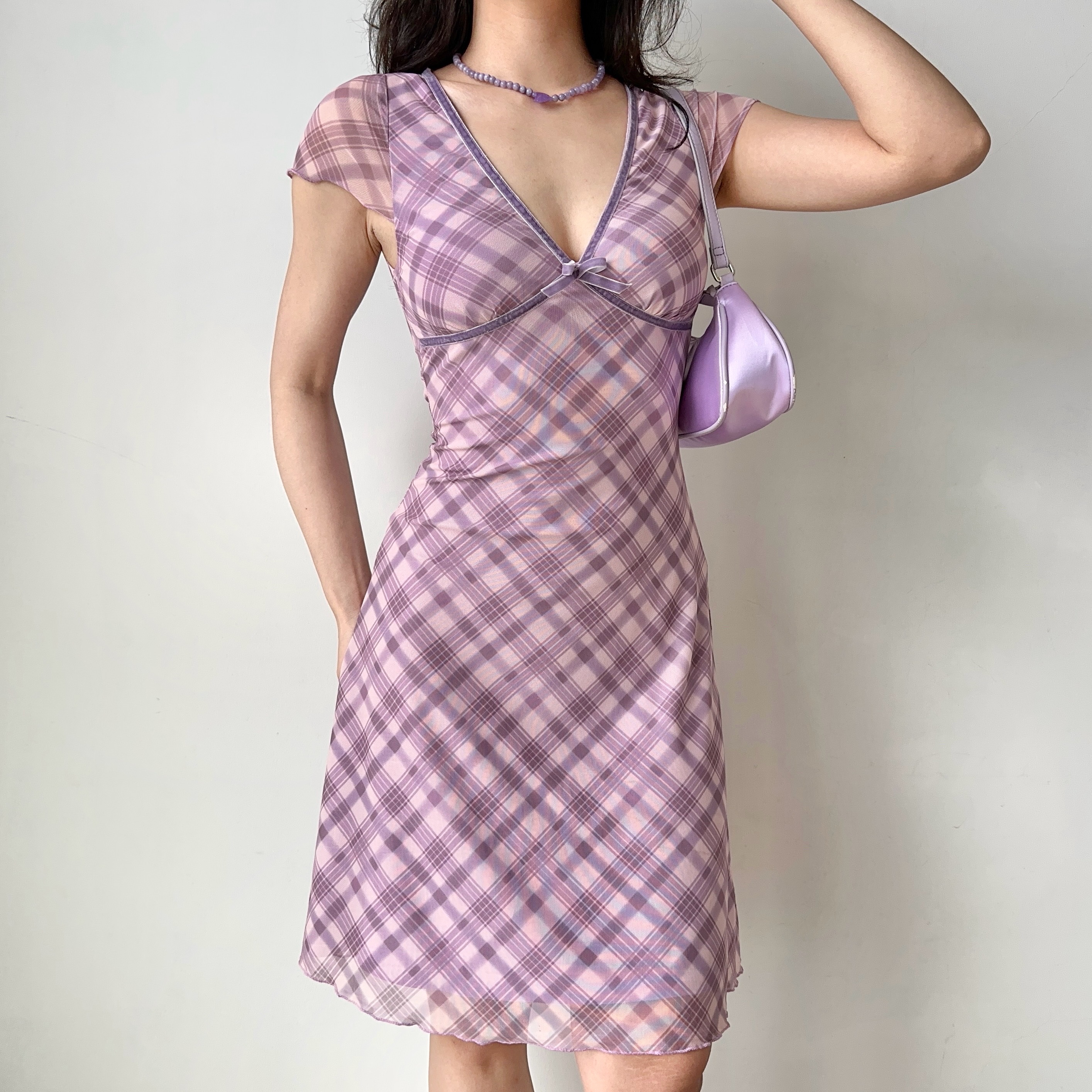 Mid-Length Deep V-Neck Plaid Mesh Dress - Sexy European & American Style Women's Vacation Dress, Perfect for 90s and Y2K Fashion