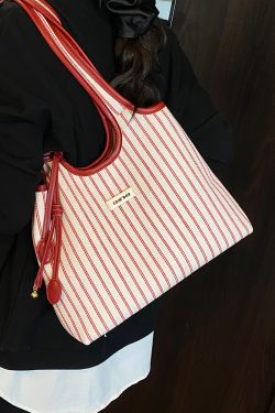 Minimalist Striped One-Shoulder Tote Bag for Women - Large Capacity College Style Summer 2025 Bag