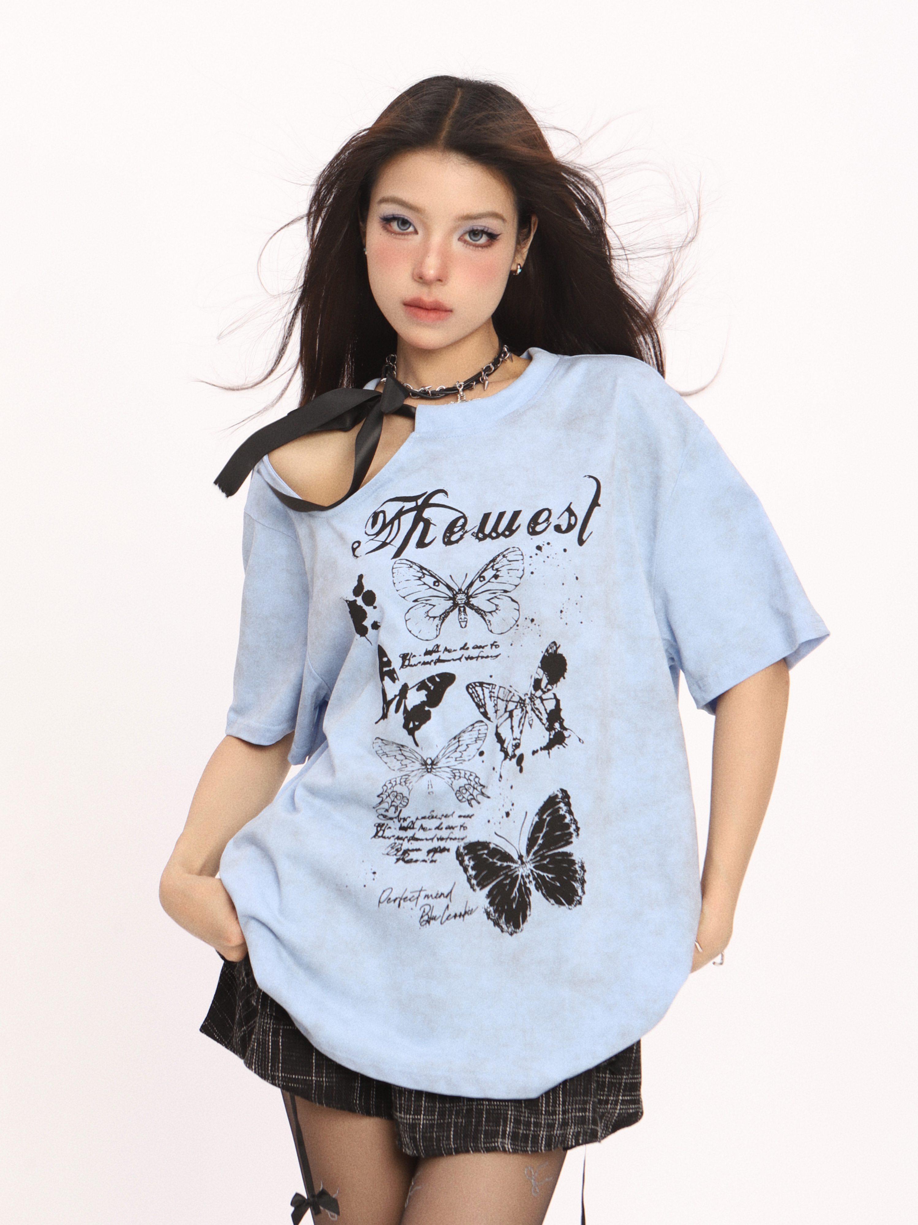 Off-Shoulder Butterfly Short Sleeve T-Shirt for Women - American Style Summer Top, Casual Y2K Hot Girl Fashion