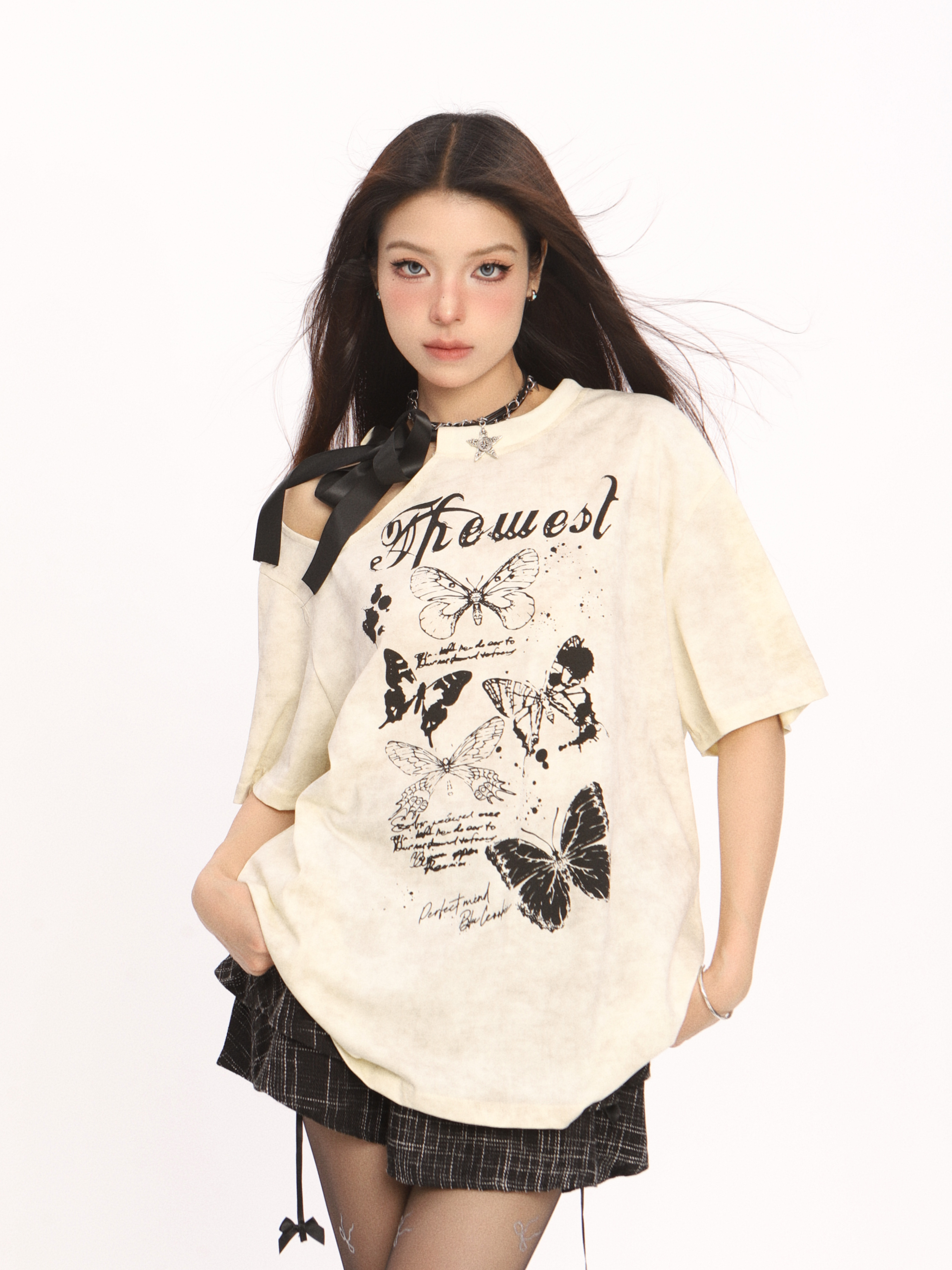 Off-Shoulder Butterfly Short Sleeve T-Shirt for Women - American Style Summer Top, Casual Y2K Hot Girl Fashion