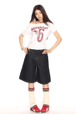 Off-Shoulder Letter Print Short Sleeve T-Shirt for Women - Spicy Girl Summer Slim Fit Top in American Style