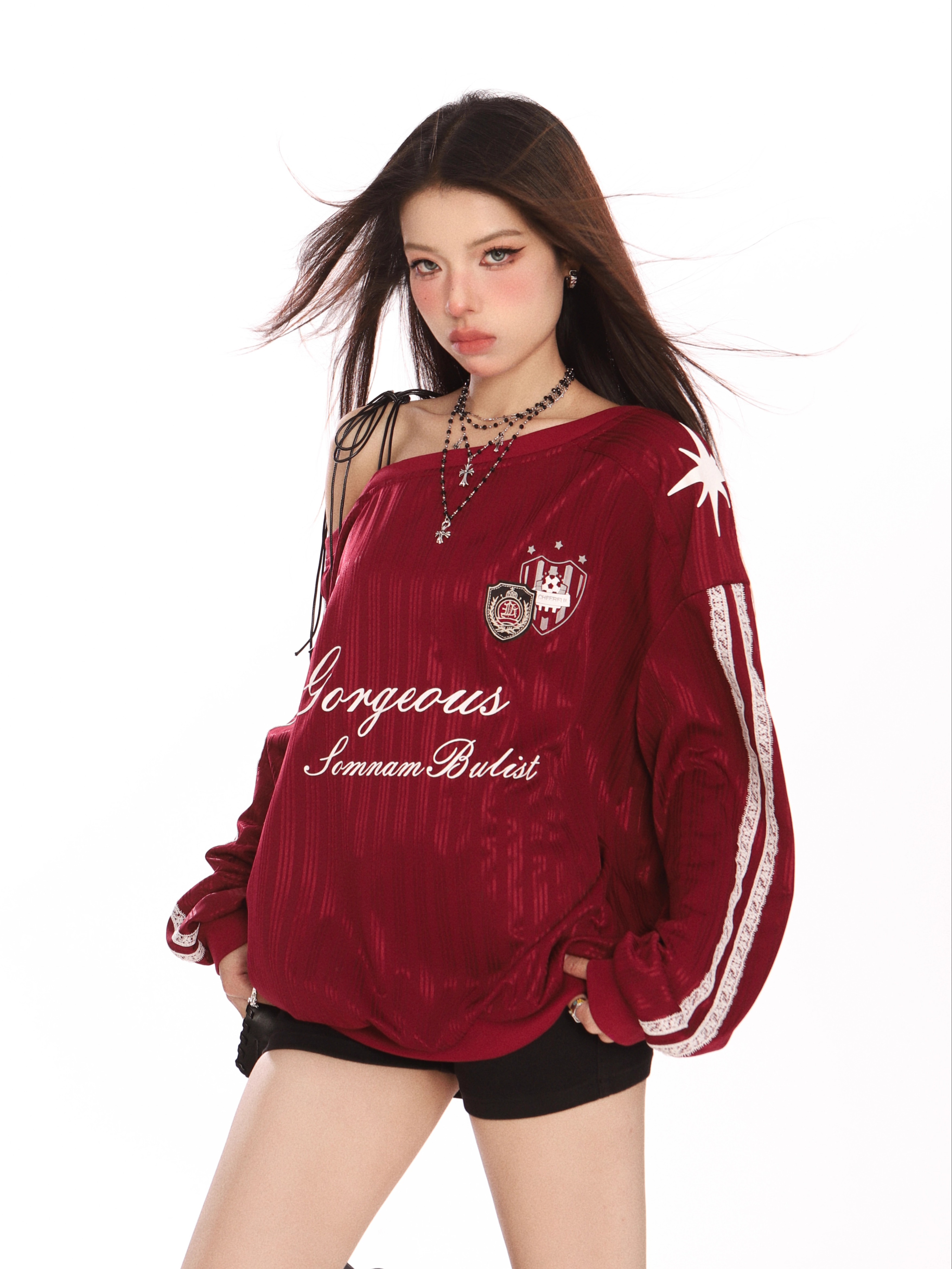 Off-Shoulder Long Sleeve Sweatshirt for Women - Slim Fit American Style Jersey Top for Autumn Sports Fashion