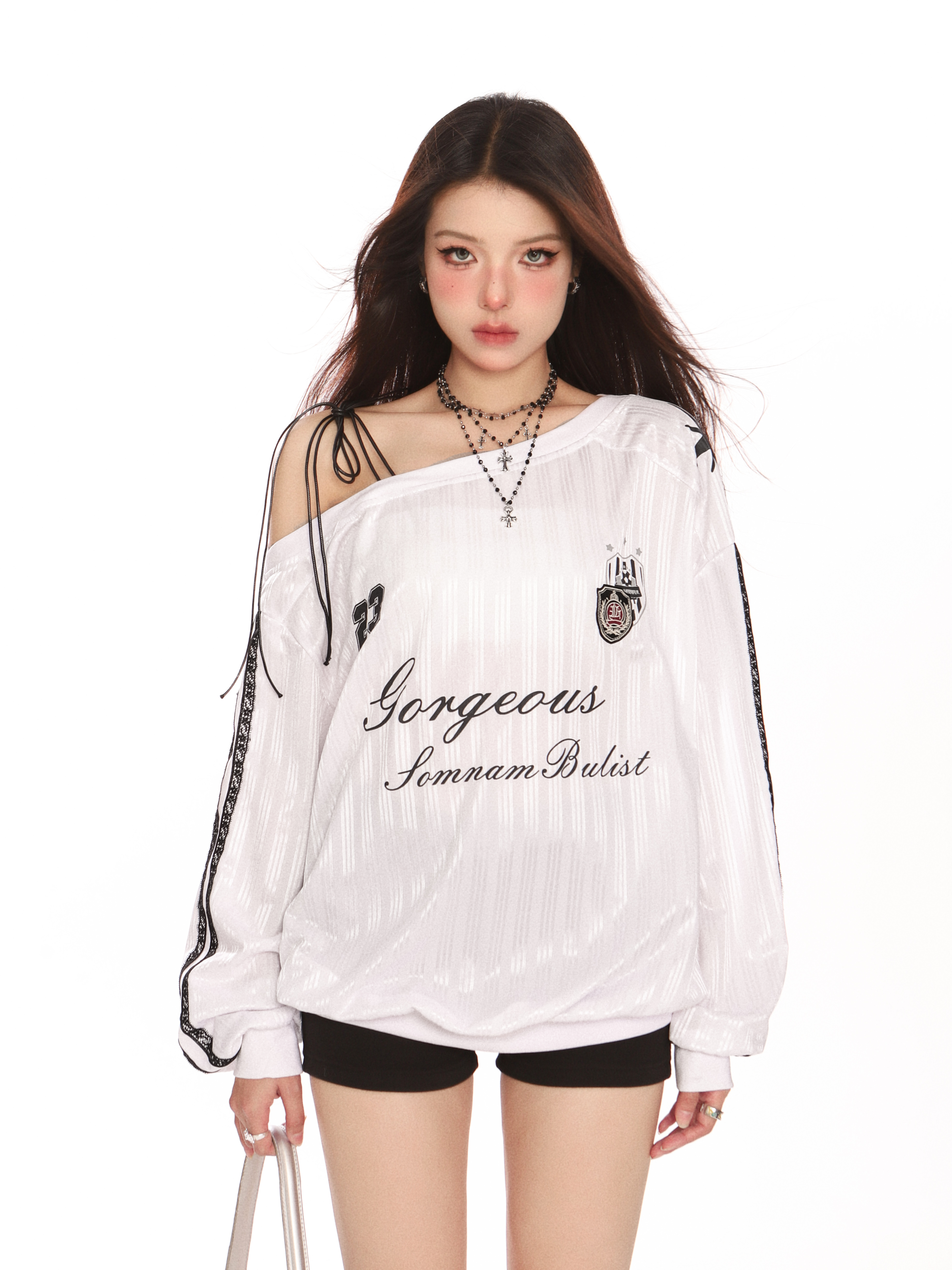 Off-Shoulder Long Sleeve Sweatshirt for Women - Slim Fit American Style Jersey Top for Autumn Sports Fashion