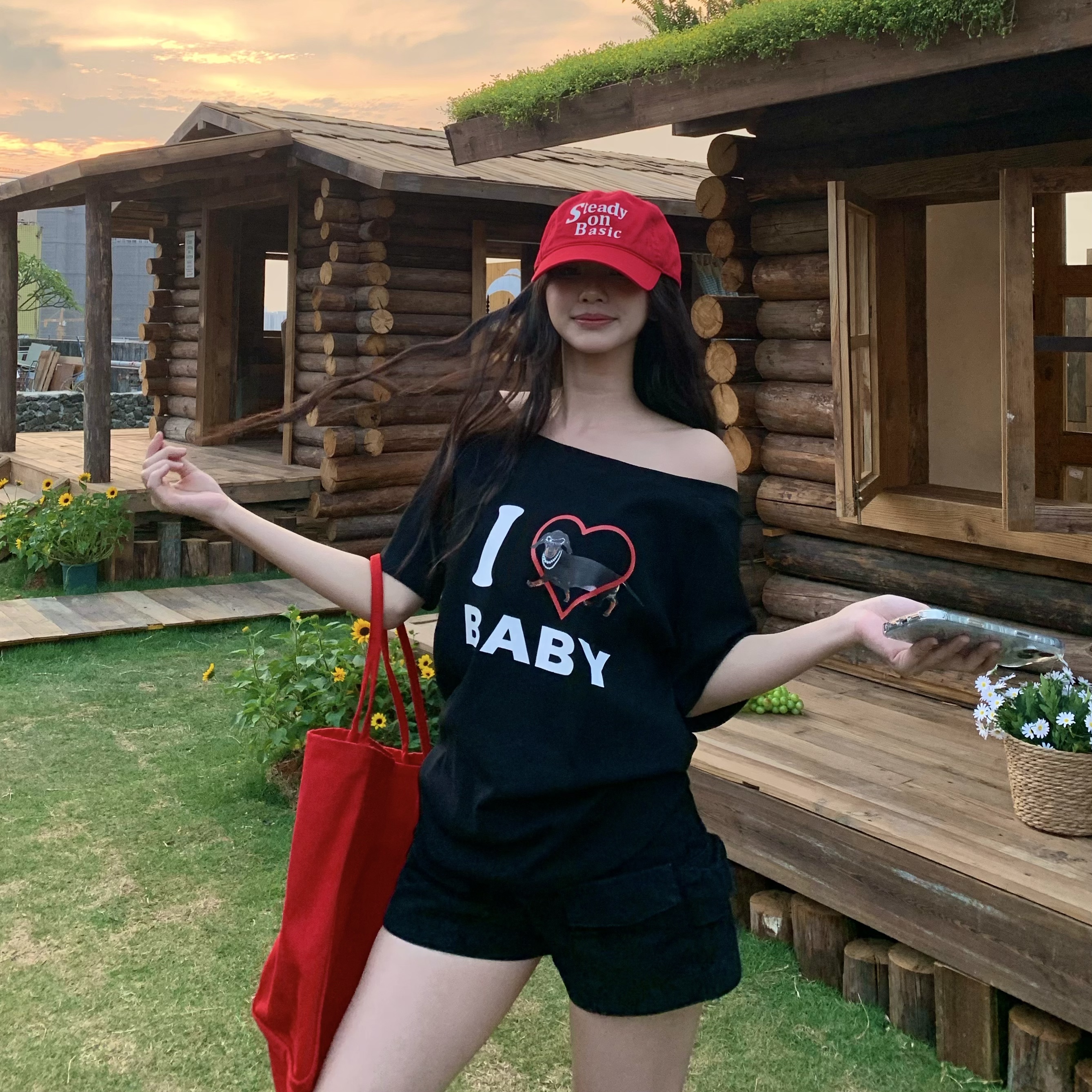 Off-Shoulder Short Sleeve Love Heart T-Shirt for Women - Casual Summer Asymmetrical Top, 90s Inspired, Spicy Sister Style