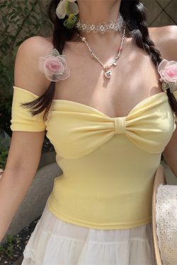 One-Shoulder Elastic Solid Color Short Sleeve T-Shirt Top with Bow - Sweet Vacation Style for Spring Summer