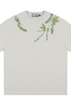 Oversized Short-Sleeve T-Shirt with Chinese-Style Floral Embroidery and Text Layout, Breathable Y2K Fashion Top