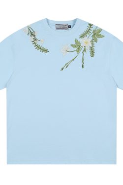 Oversized Short-Sleeve T-Shirt with Chinese-Style Floral Embroidery and Text Layout, Breathable Y2K Fashion Top