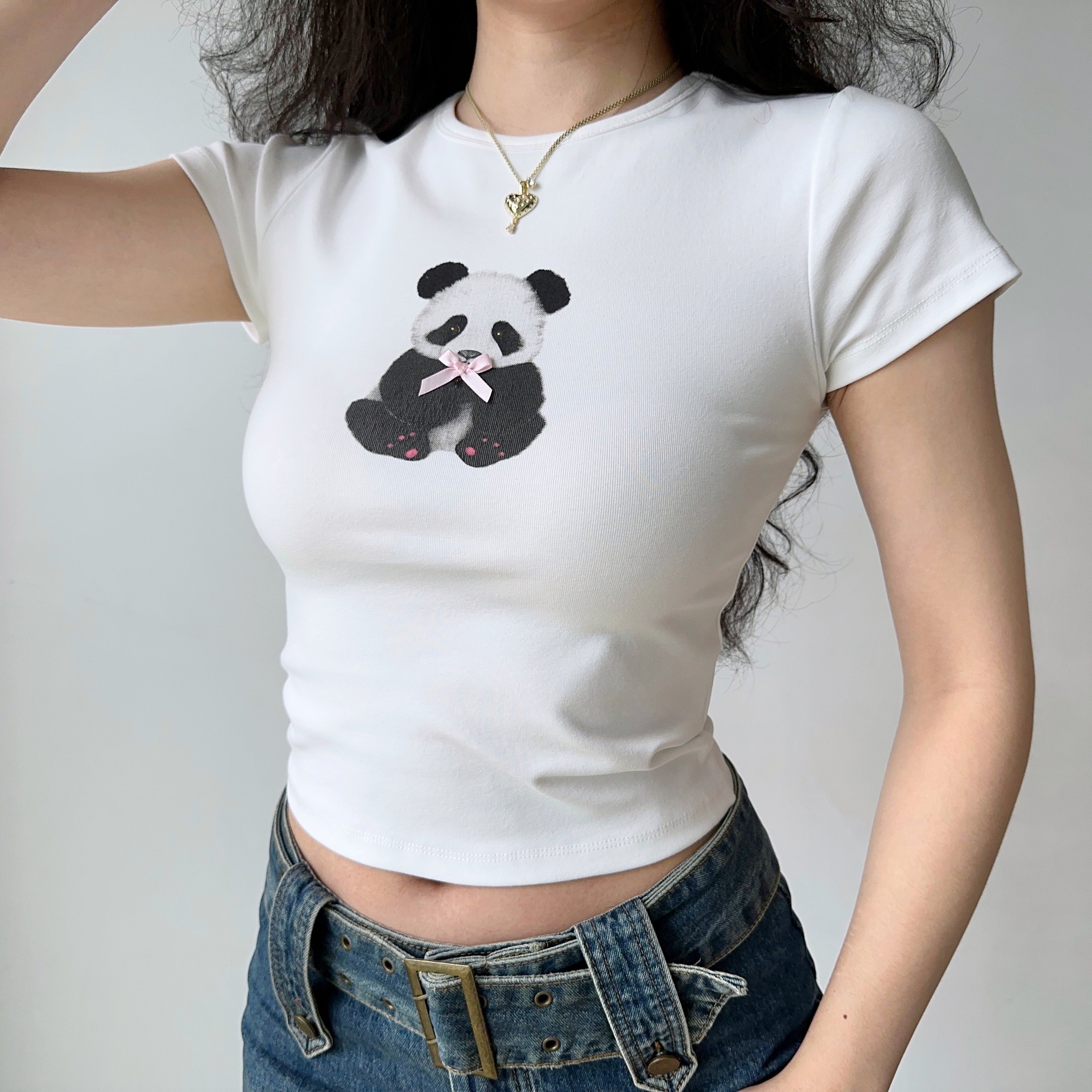 Panda Print Summer T-Shirt for Women - European American Style Slim Fit Round Neck Short Sleeve Top