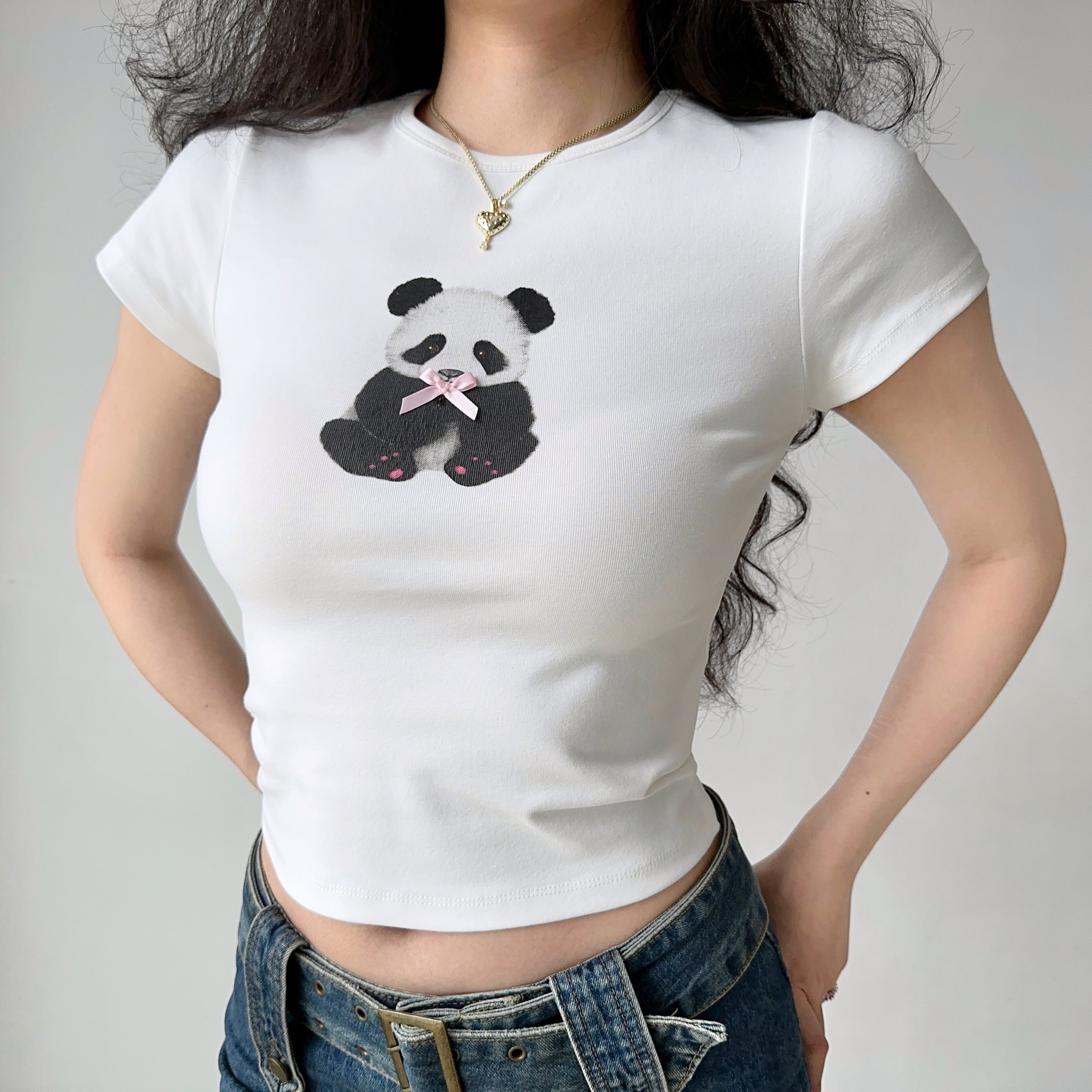 Panda Print Summer T-Shirt for Women - European American Style Slim Fit Round Neck Short Sleeve Top
