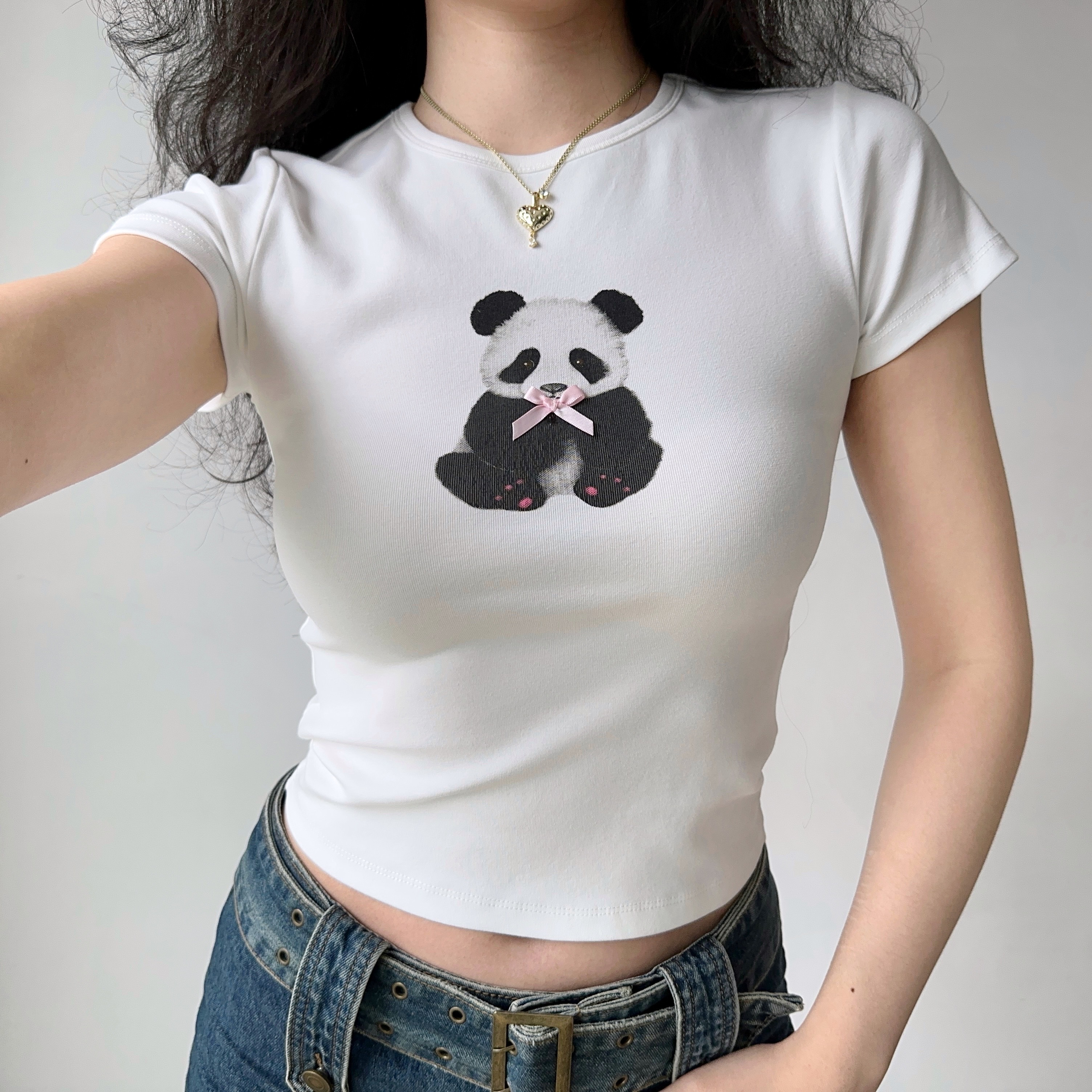 Panda Print Summer T-Shirt for Women - European American Style Slim Fit Round Neck Short Sleeve Top