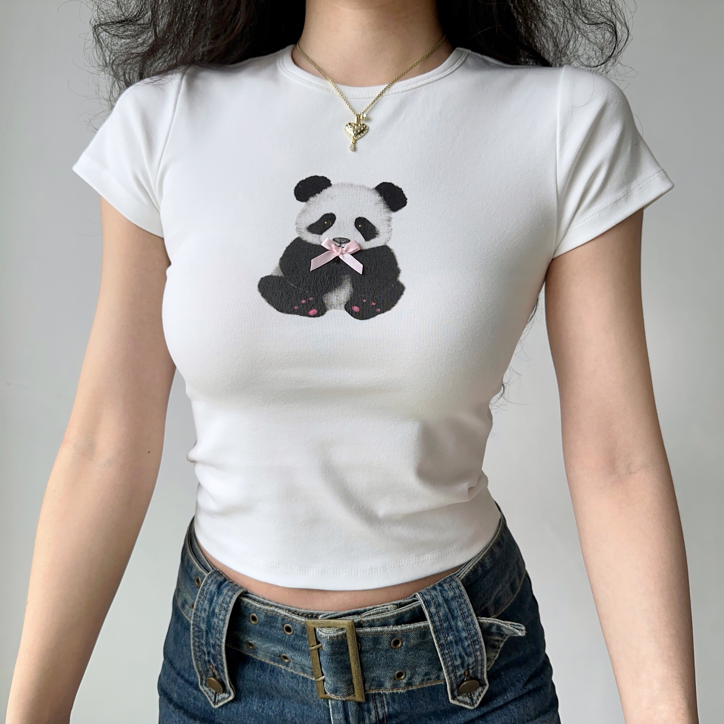 Panda Print Summer T-Shirt for Women - European American Style Slim Fit Round Neck Short Sleeve Top